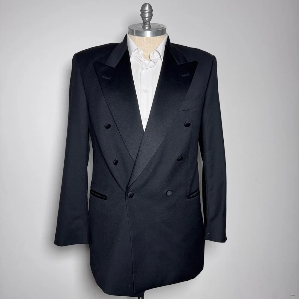 Hugo Boss Tuxedo Blazer Mens 42L Black Solid Double Breasted Peak Lapel Vintage